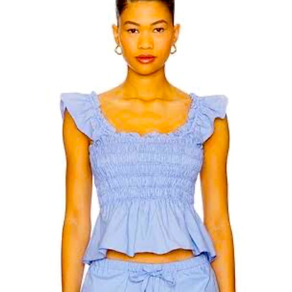 SHOW ME YOUR MUMU Ruffle Crop Top Blue Wide Strap Smocked Boho Medium
